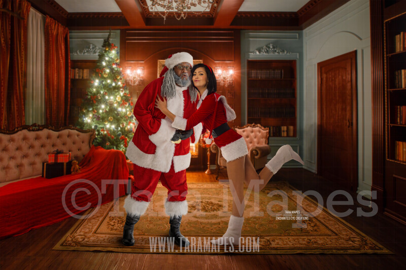 Mommy Kissing Black Santa - Black Santa Kissing Mommy - Funny Fun Christmas Digital Background- Cozy Christmas Holiday Digital Background Backdrop
