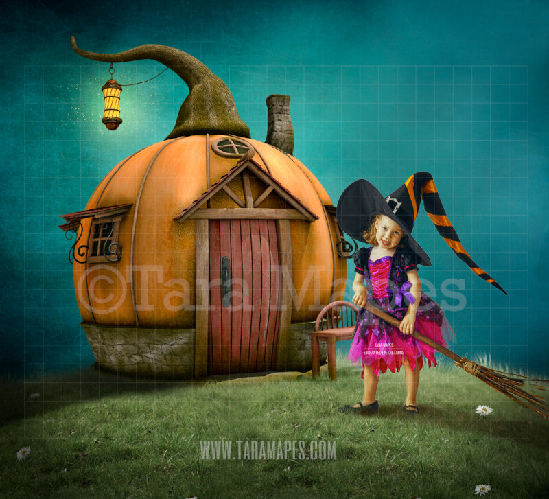 Pumpkin House on a Hill -Whimsical  Scene - Fairytale - Halloween- Digital Background Backdrop