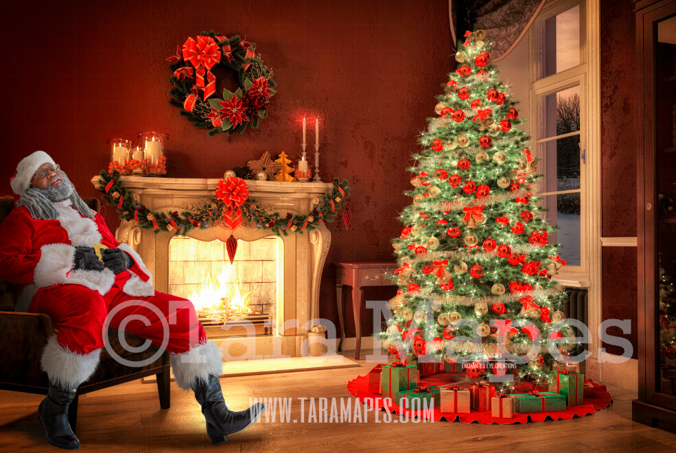 Black Santa Asleep on Chair by Fireplace- Black Santa Fell Asleep on Chair - Catching Santa Sleeping- Cozy Christmas Holiday Digital Background Backdrop