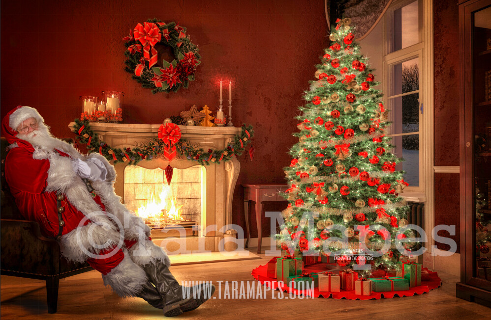 Santa Asleep on Chair by Fireplace- Santa Fell Asleep on Chair - Catching Santa Sleeping- Cozy Christmas Holiday Digital Background Backdrop