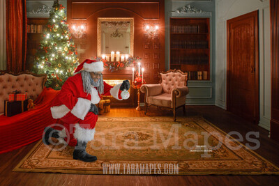 Black Santa Kneeling with Ornament- Black Santa Vintage Room Ornament- Cozy Christmas Holiday Digital Background Backdrop