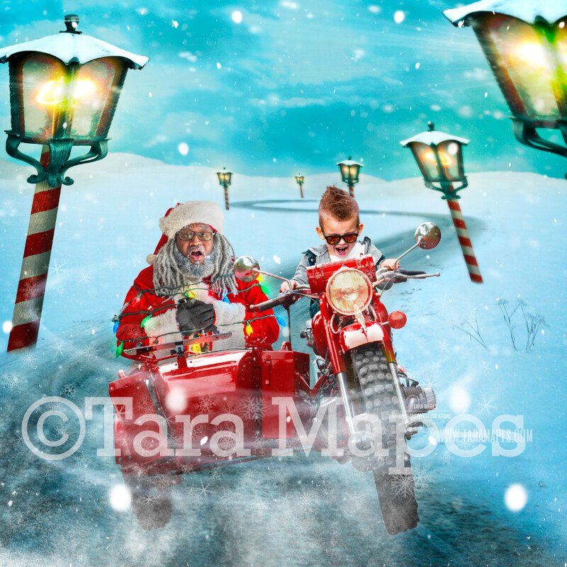 Black Santa Sidecar - Black Santa Kidnapping - LAYERED PSD! Fun Santa on Motorcycle Sidecar Tied with Lights - Holiday Christmas Digital Background /Backdrop