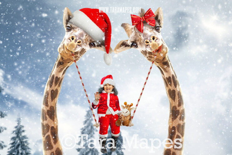 Christmas Giraffe Swing- Whimsical Pair of Giraffes - Giraffe Couple in Sky holding Swing FREE SNOW OVERLAY - Digital Background - Giraffe in Clouds Digital Background