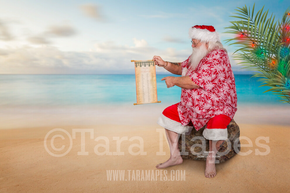 Beach Santa on Beach Rock with Scroll - Beach Santa in Shorts and Hawaiian shirt - Good List Cozy Warm Christmas Holiday Digital Background Backdrop