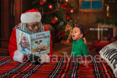 Black Santa Reading on Bed- Christmas Bedtime Story- Cozy Christmas Holiday Digital Background Backdrop