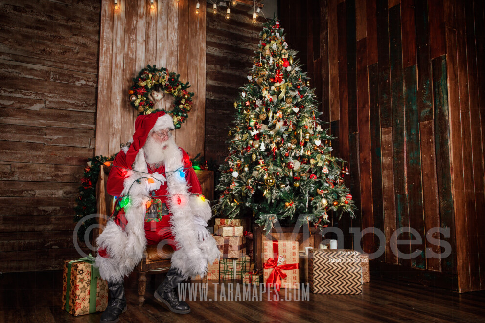 Santa Tied Up with Lights - Santa by Christmas Tree Tied Up - Funny Christmas Digital Background