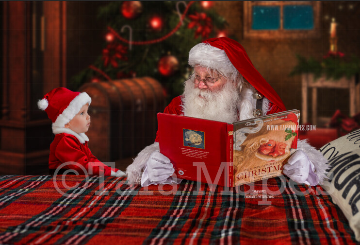 Santa Reading on Bed- Christmas Bedtime Story- Cozy Christmas Holiday Digital Background Backdrop