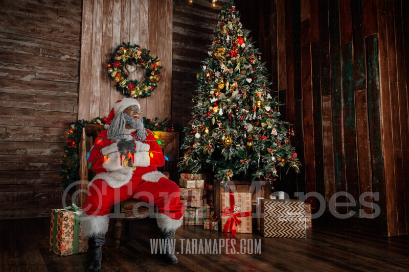 Black Santa Tied Up with Lights - Santa by Christmas Tree Tied Up - Funny Christmas Digital Background