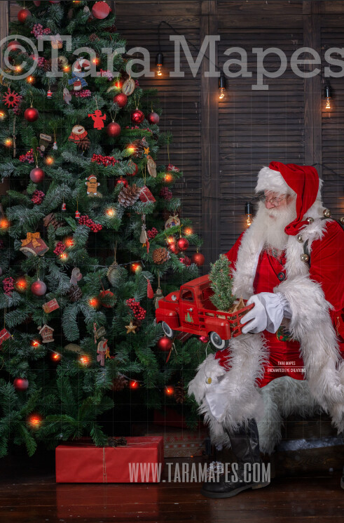 Santa Giving Toy Truck by Tree - Santa Gift - Holiday Christmas Digital Background