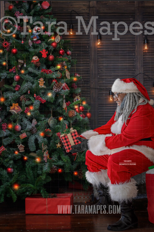 Black Santa Giving Gift by Tree - Santa Gift - Holiday Christmas Digital Background