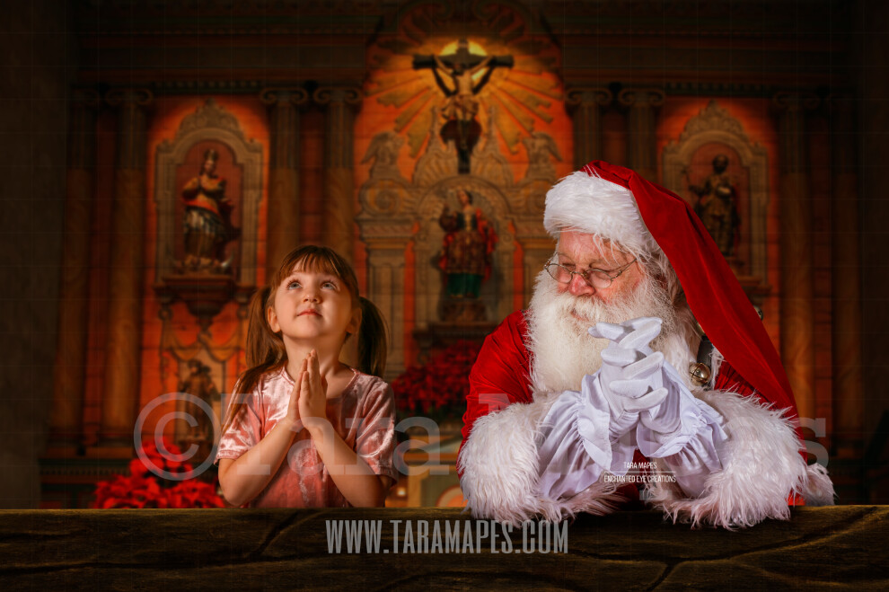 Santa Praying in Church 2 - Christmas Night Prayer- Cozy Christmas Holiday Digital Background Backdrop