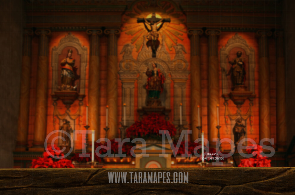 Christmas Church - Pew in Church - Christmas Night Prayer- Cozy Christmas Holiday Digital Background Backdrop