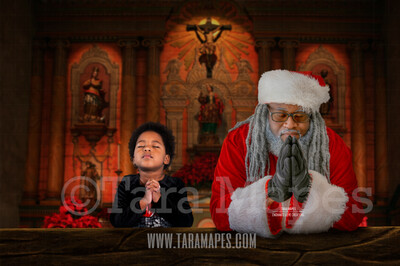 Black Santa Praying in Church - Christmas Night Prayer- Cozy Christmas Holiday Digital Background Backdrop