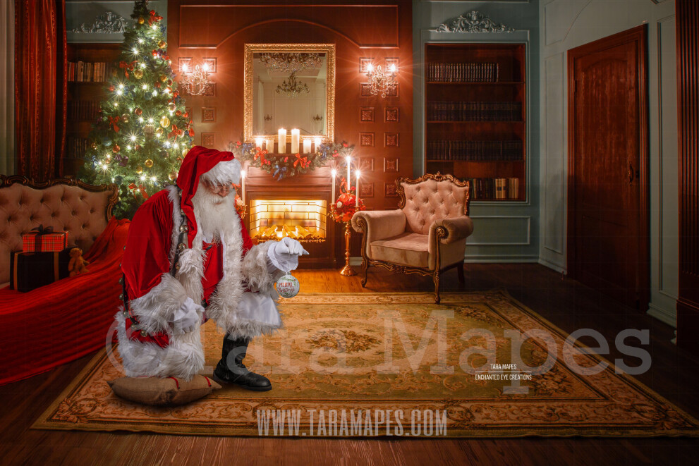 Santa Kneeling on Pillow with Ornament- Santa by Fireplace with Ornament - Cozy Christmas Holiday Digital Background Backdrop