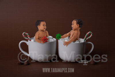 Christmas Mugs with Marshmallows - Twin Mugs on Brown- Two Cups of Hot Chocolate - Hot Cocoa Mug for Baby Scene