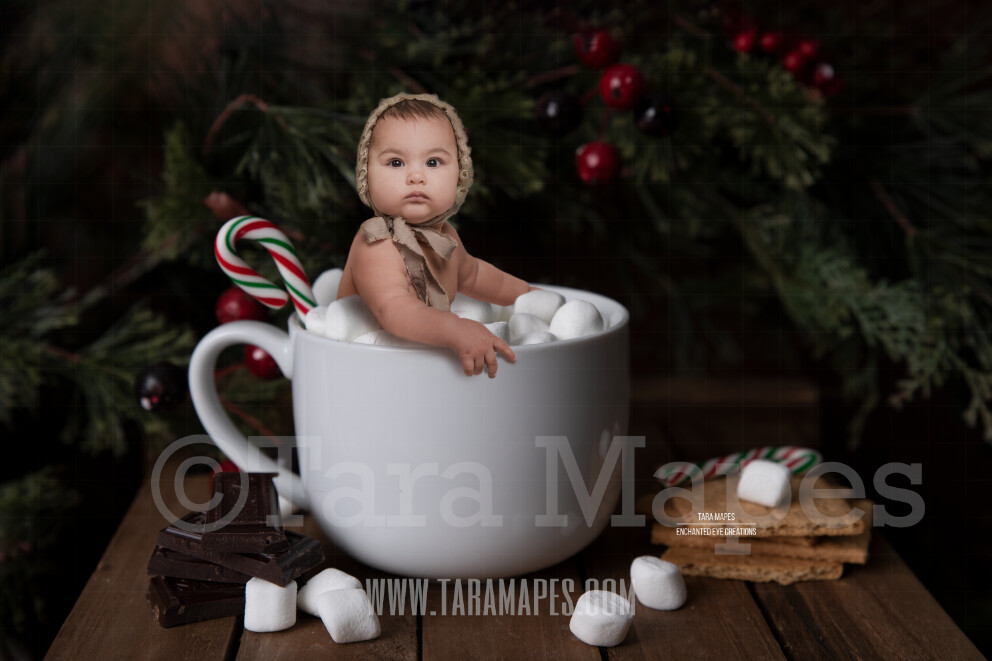 Christmas Mug with Marshmallows - Cup of Hot Chocolate Pines & Holly - Hot Cocoa Mug for Baby Scene