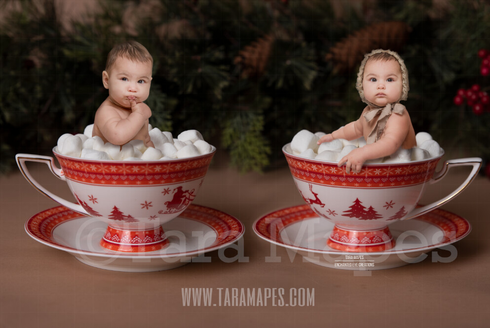 Hot Chocolate Bath Red Christmas Mugs of Hot Chocolate with Marshmallows - Twin Mugs - Two Cups of Hot Chocolate - Hot Cocoa Mug for Baby Scene