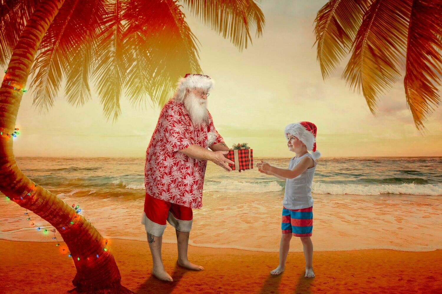 Beach Santa on Beach at Sunset Santa by Palm Tree with Lights- Beach Santa in Shorts and Hawaiian shirt - Beach Santa with Gift - Cozy Warm Christmas Holiday Digital Background Backdrop