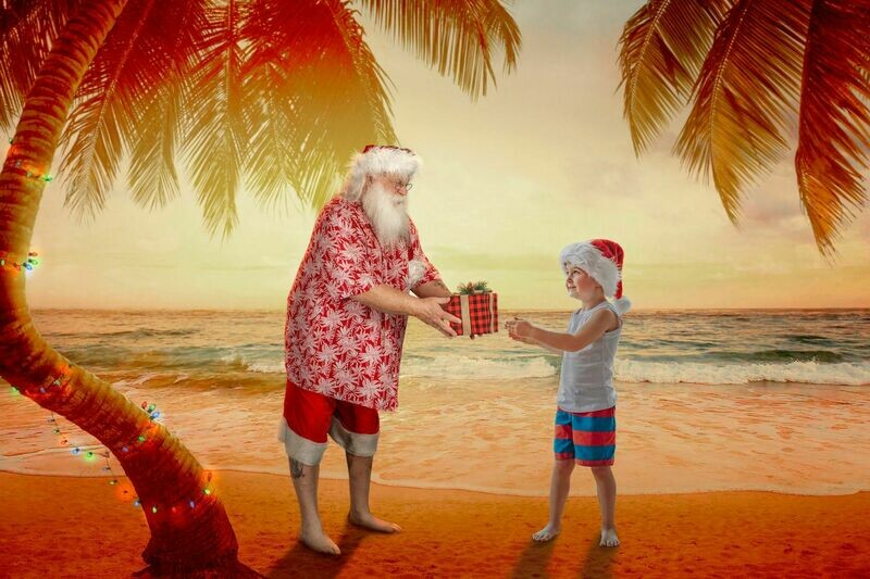 Beach Santa on Beach at Sunset Santa by Palm Tree with Lights- Beach Santa in Shorts and Hawaiian shirt - Beach Santa with Gift - Cozy Warm Christmas Holiday Digital Background Backdrop Beach Santa on Beach at Sunset Santa by Palm Tree with Lights- Beach Santa in Shorts and Hawaiian shirt - Beach Santa with Gift - Cozy Warm Christmas Holiday Digital Background Backdrop