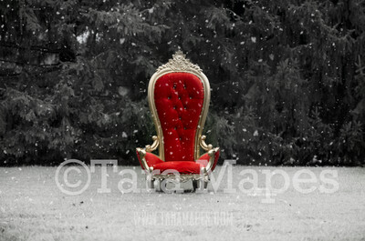 Christmas Throne with Free Snow Overlay - Santa&#39;s Chair by Pine Trees - Outdoor Christmas Holiday Digital Background Backdrop