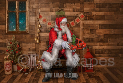 Storybook Santa with Vintage Truck - Storybook Santa Painterly- Cozy Christmas Holiday Digital Background Backdrop