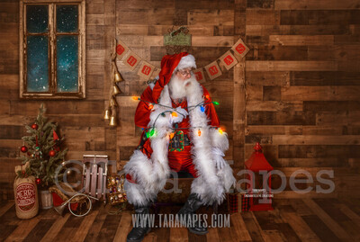 Storybook Santa Tied up in Lights - Storybook Santa Funny - Cozy Christmas Holiday Digital Background Backdrop