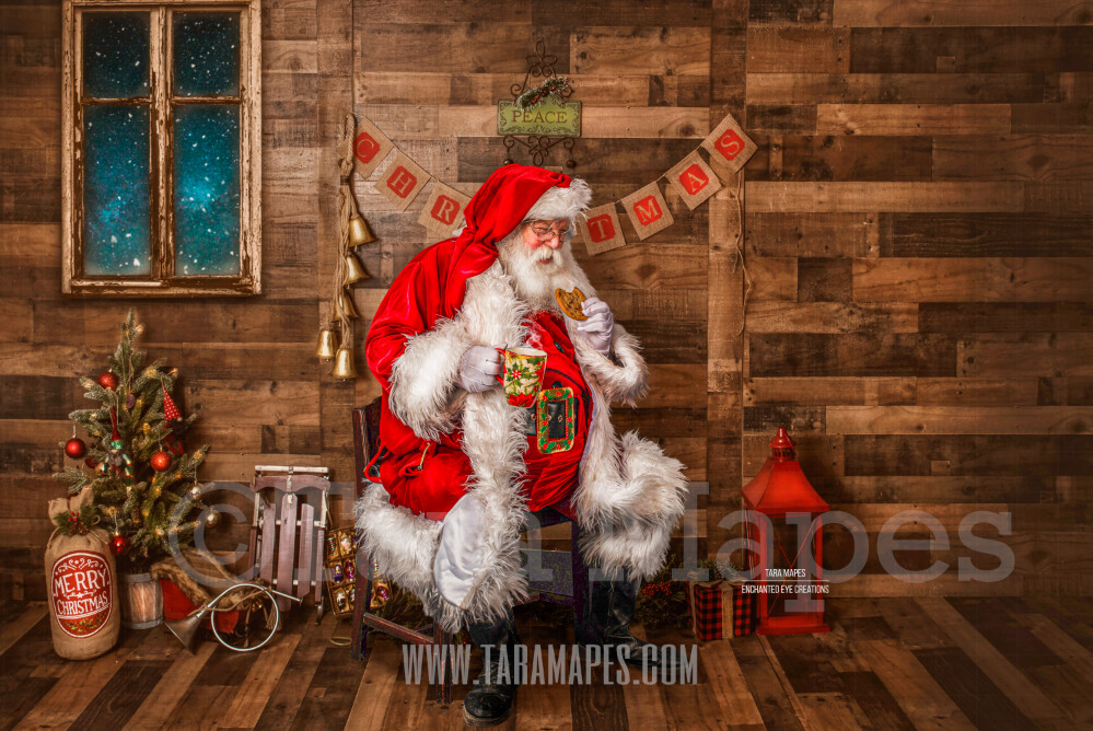 Storybook Santa with Cookie and Cup of Cocoa - Storybook Santa Painterly- Cozy Christmas Holiday Digital Background Backdrop