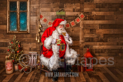 Storybook Santa with Cookie and Cup of Cocoa - Storybook Santa Painterly- Cozy Christmas Holiday Digital Background Backdrop