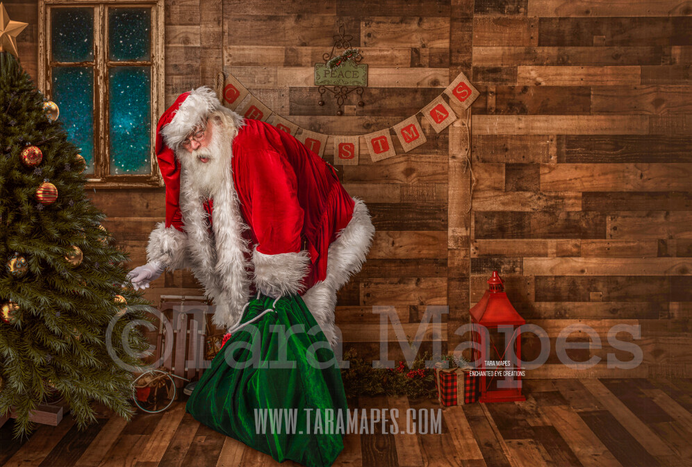 Storybook Santa Caught by Tree - Storybook Santa Painterly- Cozy Christmas Holiday Digital Background Backdrop