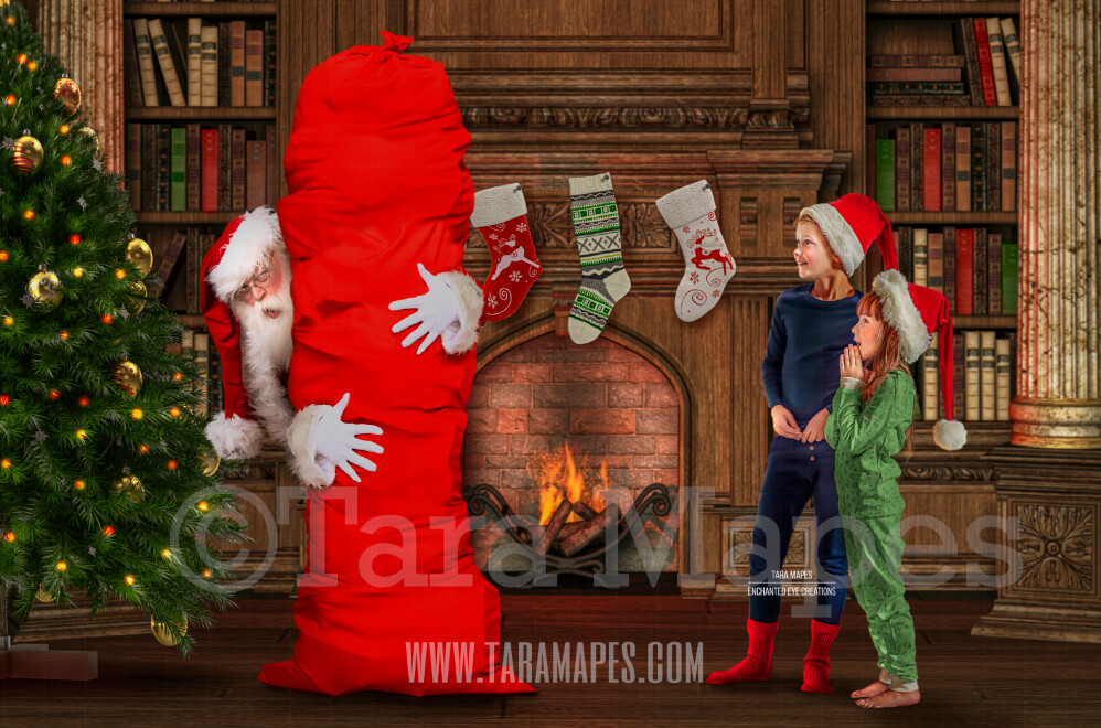 Santa with Big Bag by Christmas Tree - Catching Santa- Santa by Fireplace - Children Catching Santa Scene - Cozy Christmas Holiday Digital Background Backdrop