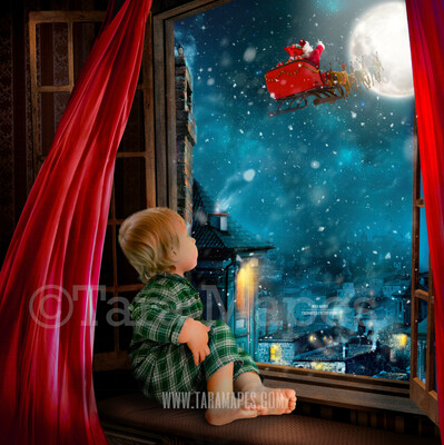 Christmas Window with Blowing Red Curtains  - Santa in Moon Christmas Digital Background Backdrop