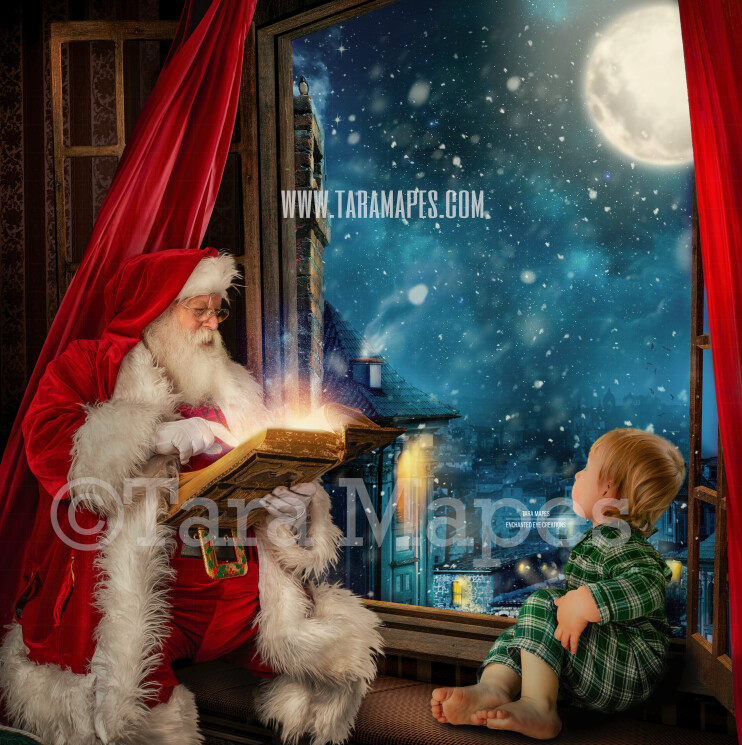 Santa at Christmas Window Seat with Blowing Red Curtains  - Santa Reading Magic Book Christmas Digital Background Backdrop