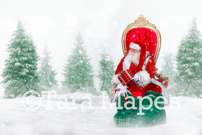 Storybook Santa at North Pole in Throne - Storybook Santa - FREE Snow Overlay!   Cozy Christmas Holiday Digital Background Backdrop