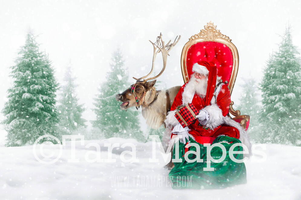 Storybook Santa at North Pole in Throne with Rudolph - Storybook Santa - FREE Snow Overlay!   Cozy Christmas Holiday Digital Background Backdrop