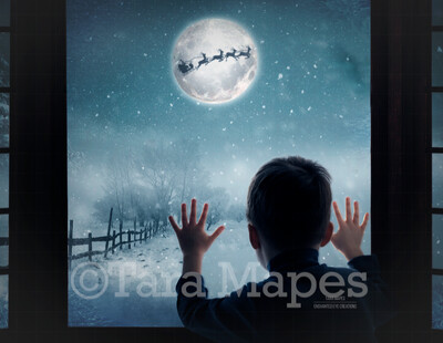 Christmas Window Santa Sleigh and Reindeer Flying at Night with Magic and Moon Digital Background Backdrop