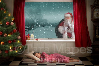 Christmas Window Santa in Window Shhh - Vintage Old Fashioned Room with Grandfather Clock Digital Background Backdrop