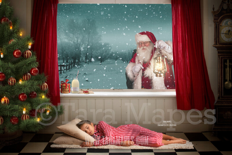 Christmas Window Santa in Window with Lantern - Vintage Old Fashioned Room with Grandfather Clock Digital Background Backdrop