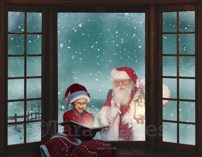 Christmas Window Santa in Window with Lantern - Window Seat - Santa Window Digital Background Backdrop