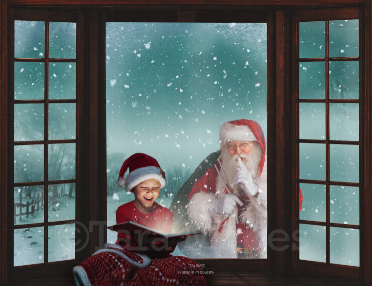 Christmas Window Santa in Window Saying Shh- Santa Looking In Window Seat - Santa Window Digital Background Backdrop