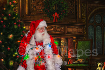 Santa Tied up in Lights - Storybook Santa Funny - Cozy Christmas Holiday Digital Background Backdrop