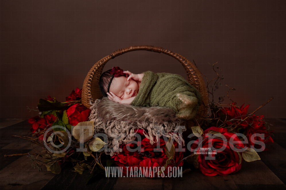 Newborn Basket with Red Roses Digital Backdrop - Newborn Overlay - Newborn Digital Background by Tara Mapes