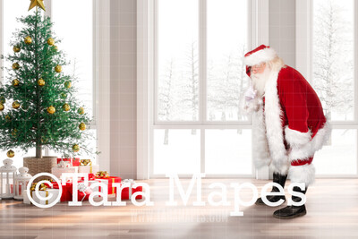 Santa Saying Shhh- Santa Bright Winter Day by Windows - Cozy Christmas Holiday Digital Background Backdrop