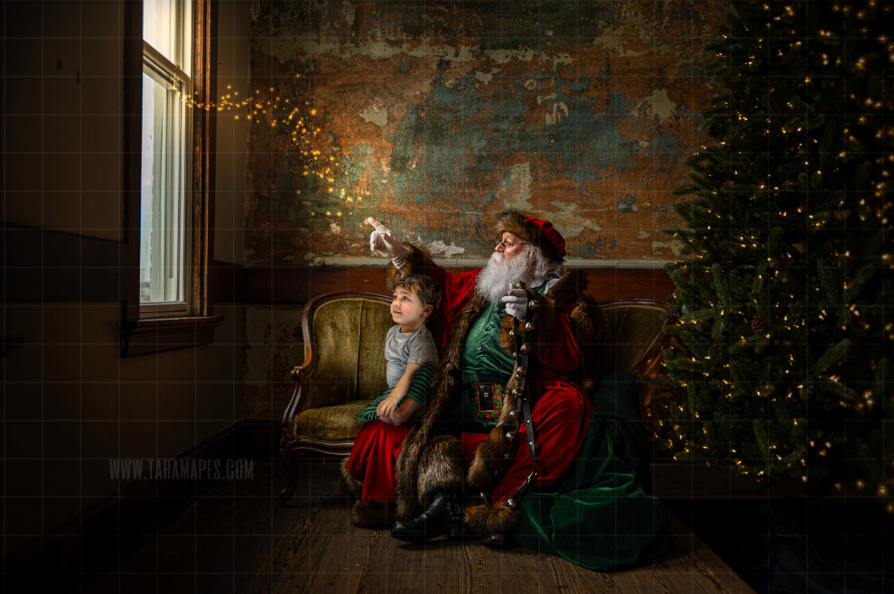 Victorian Santa on Vintage Couch - Santa Pointing out Window- Cozy Christmas Holiday Digital Background Backdrop