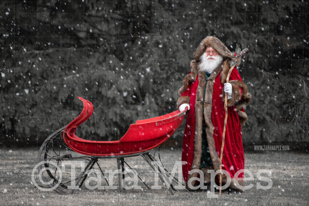 Victorian Santa with Sleigh - Victorian Santa in Snow - FREE SNOW OVERLAY - Whimsical Winter Digital Background Backdrop