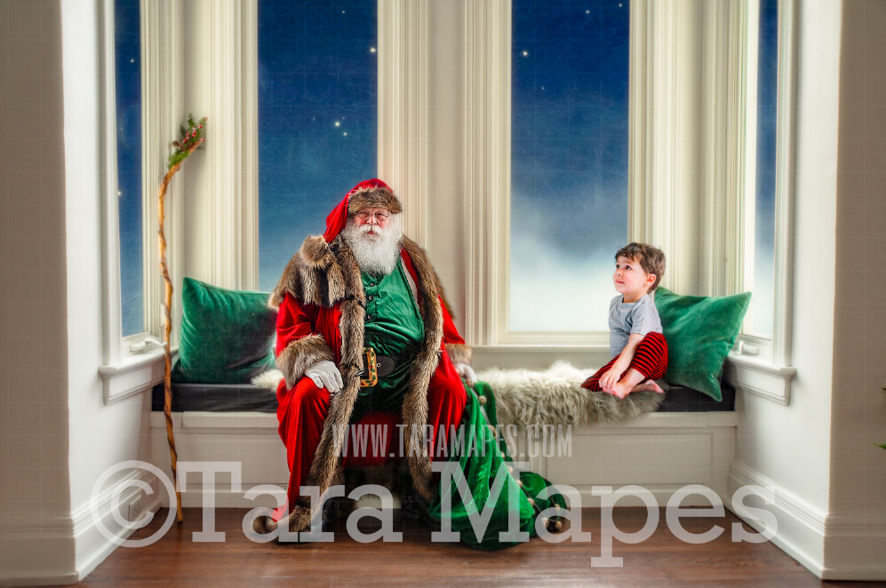 Victorian Santa Window Seat Whimsical Scene - Santa at Magical Bay Window Painterly Style Cozy Christmas Holiday Digital Background Backdrop