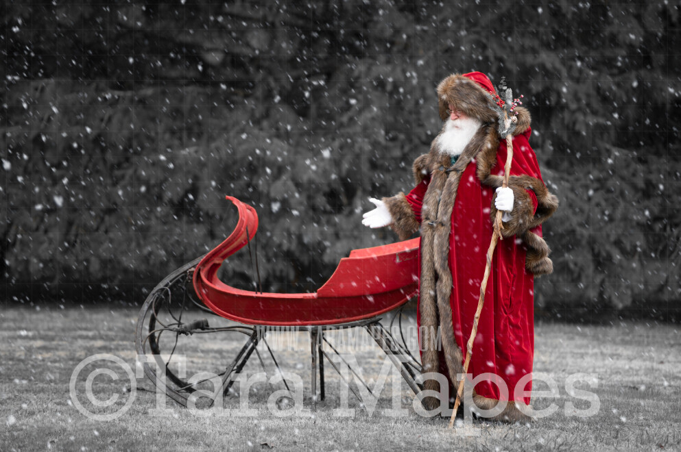 Victorian Santa with Sleigh - Victorian Santa in Snow Sleigh Invite - FREE SNOW OVERLAY - Whimsical Winter Digital Background Backdrop