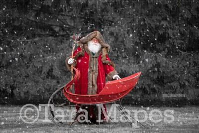 Victorian Santa with Sleigh Smiling - Victorian Santa in Snow - FREE SNOW OVERLAY - Whimsical Winter Digital Background Backdrop