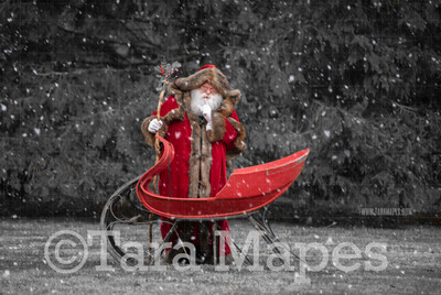 Victorian Santa with Sleigh Saying Shh - Victorian Santa in Snow - FREE SNOW OVERLAY - Whimsical Winter Digital Background Backdrop