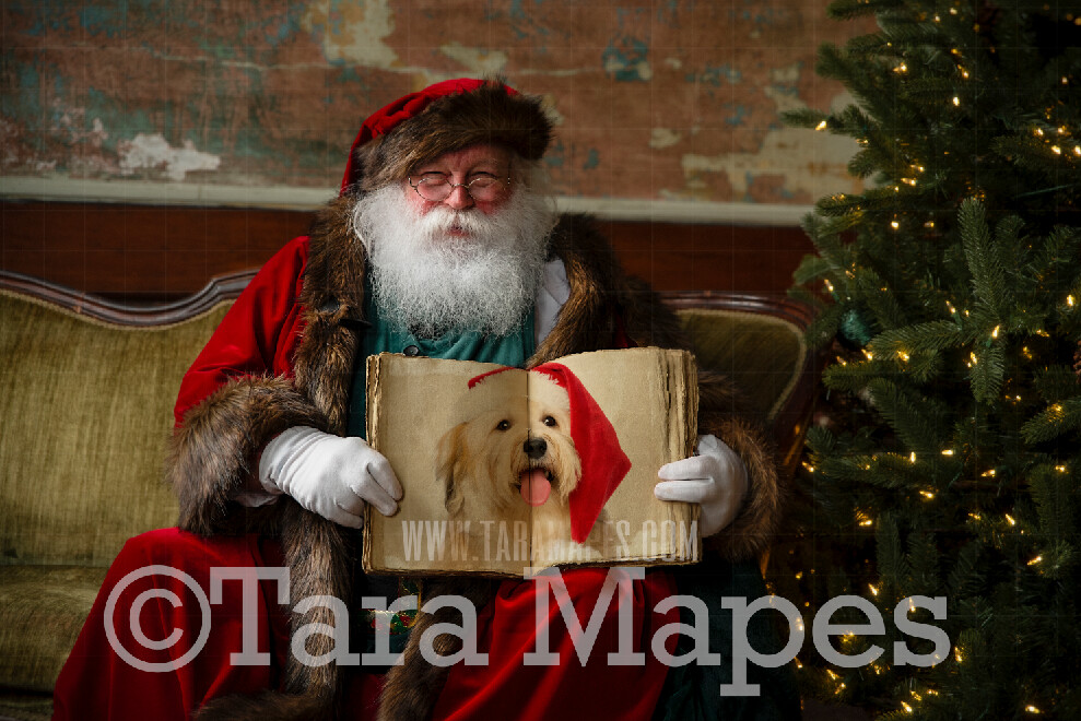 Victorian Santa Holding Book in Vintage Studio - Santa with Book to Put Pictures Into- Santa Holding Antique Book- Cozy Christmas Holiday Digital Background Backdrop