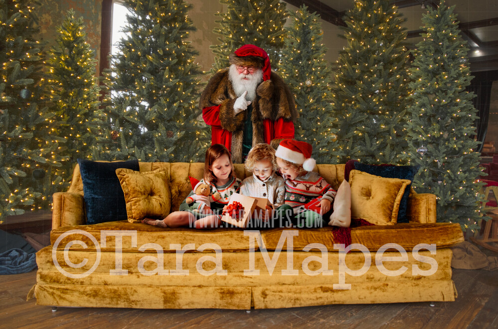 Victorian Santa Behind Vintage Couch Saying Shh - Santa Surprising Children Scene- Cozy Christmas Holiday Digital Background Backdrop